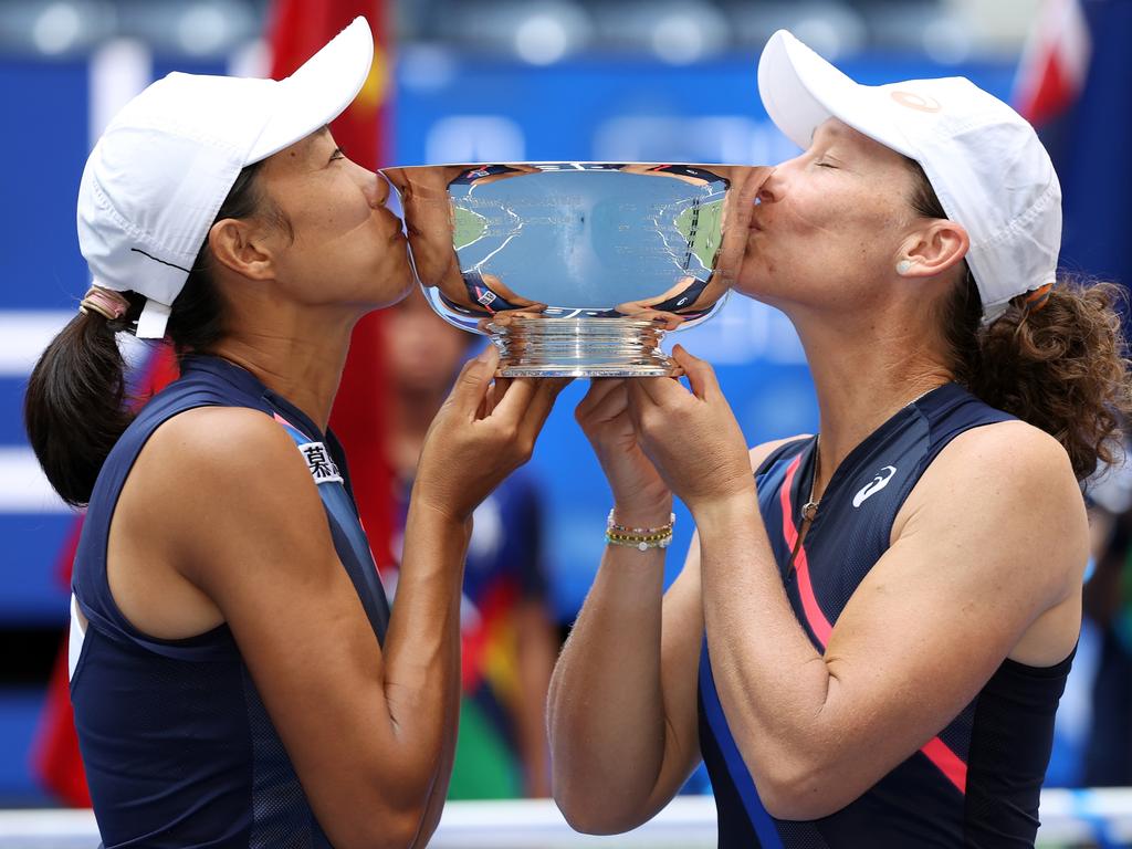 Shuai Zhang of China and Sam Stosur of Australia celebrate after winning the Women's Doubles final match on Day Fourteen of the 2021 US Open. Picture: Al Bello/Getty Images