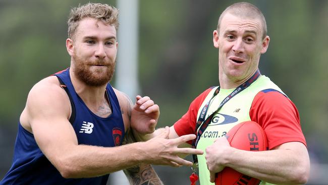 Simon Goodwin works with Dean Kent on his first day as Melbourne head coach. Picture: Wayne Ludbey