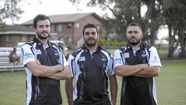 NEW BRIGADE: Lower Clarence Magpies 2017 recruits Alex McMillan, captain-coach Dan Randall and bulldozing prop Jirra Breckenridge are steaming into today's first trial match. Picture: Matthew Elkerton