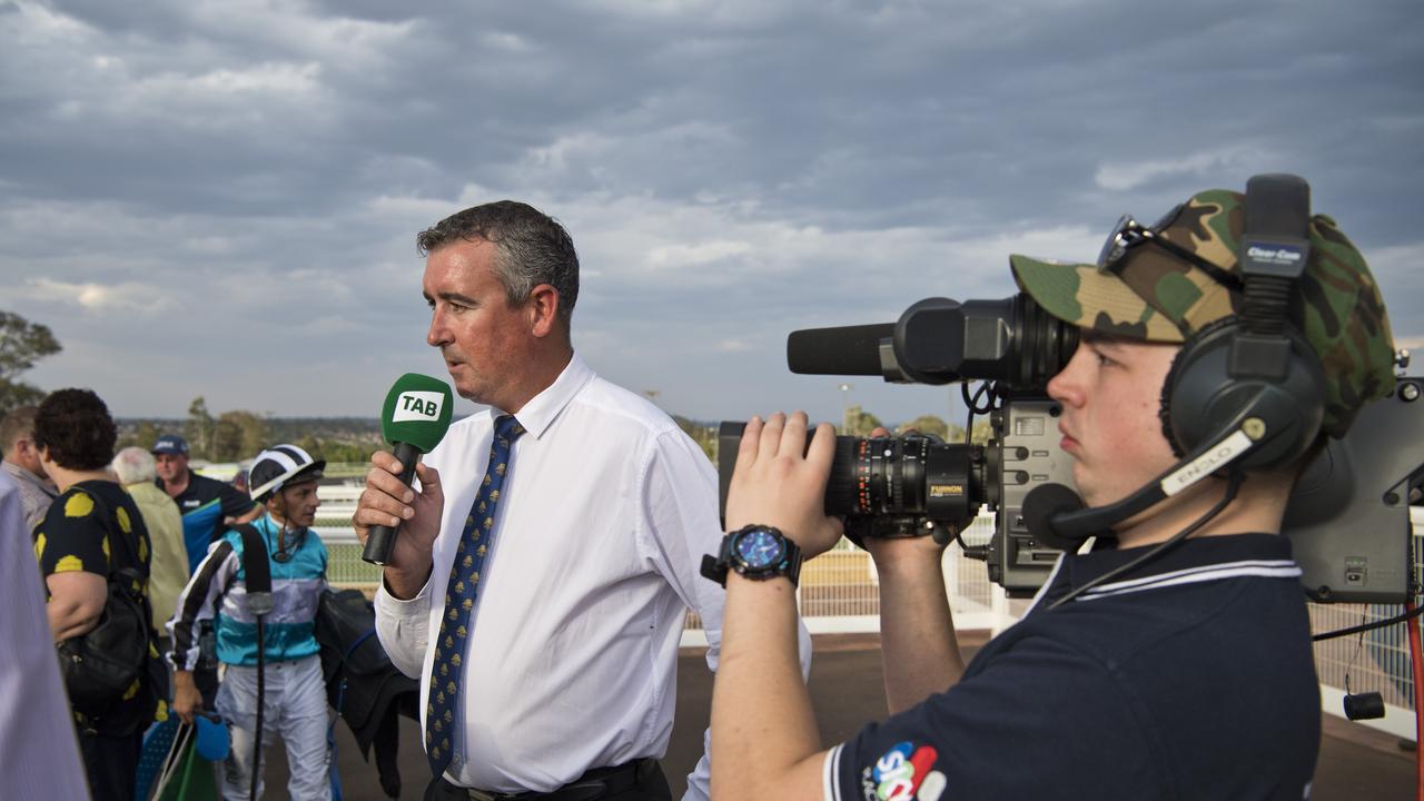 Ben Hall doing a post-race interview at Clifford Park last Saturday for a national and international audience. Picture: Kevin Farmer