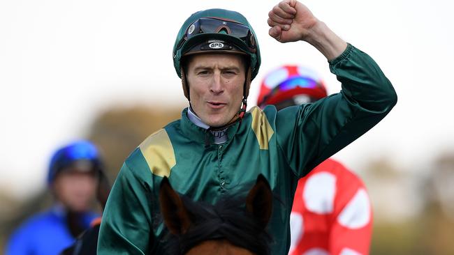 Jockey Blake Shinn returns to the mounting yard after riding Pariah to victory in Race 7, the TPG Telecom San Domenico Stakes, during the ASX Thomson Reuters Charity Race Day at Rosehill Gardens racecourse, in Sydney, Saturday, August 26, 2017. (AAP Image/Dan Himbrechts) NO ARCHIVING, EDITORIAL USE ONLY