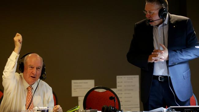 Alan Jones and Ray Hadley broadcasting their show from the Orange Ex-Services Club ahead of the 's by-election. Picture: Jonathan Ng