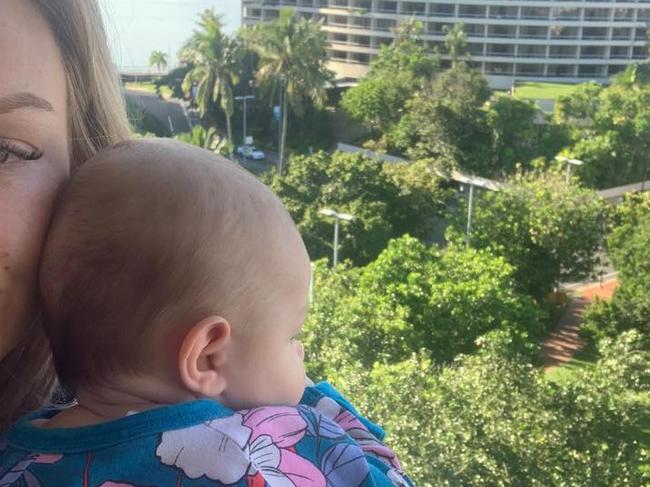 Meghan Sleswick with her four-month-old while in quarantine in Cairns. PICTURE: Facebook