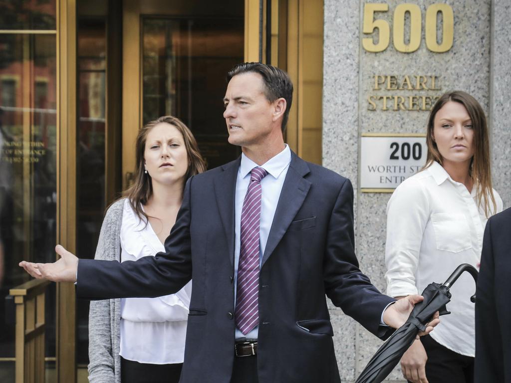 Victim lawyer Brad Edwards with clients Michelle Licata, left, and Courtney Wild, right, at Epstein’s Manhattan Federal Court hearing. Picture: Bebeto Matthews.