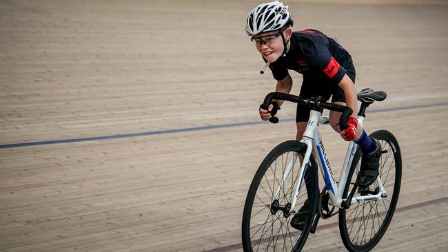 Ryan Underwood competing in the under-13 time trial at the SA/NT Junior Track Cycling Championships. Picture: Mike Burton