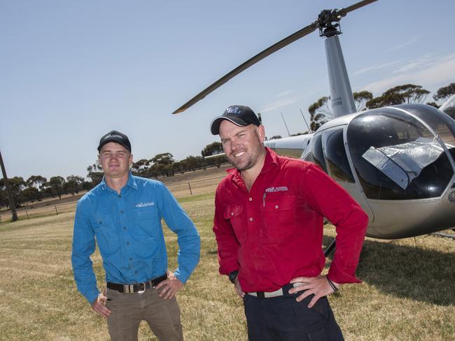 Riverina Helicopters operators Michael Rowley &amp; Bryce Nietvelt were giving sightseeing rides at the 2024 Manangatang Cup. Picture: Noel Fisher