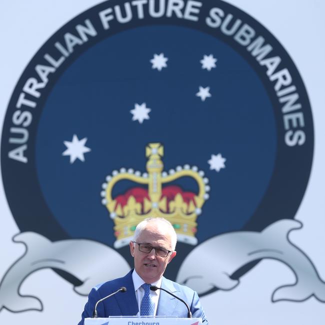 Former PM Malcolm Turnbull at the Naval Group submarine boat yard in Cherbourg, France. Picture: Kym Smith