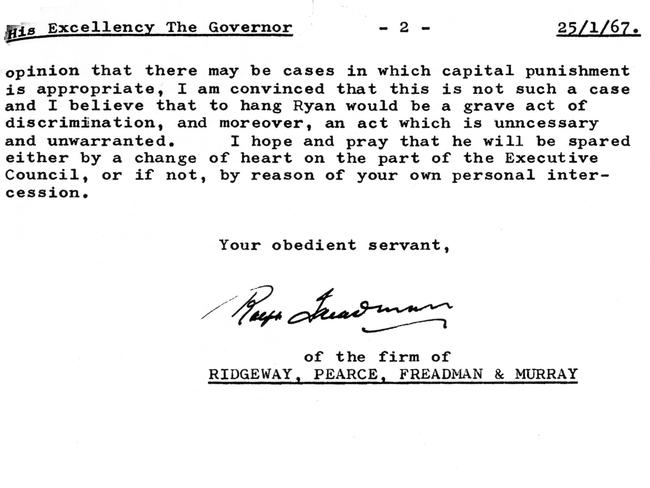 A letter from a solicitor on behalf of convicted murderer Ronald Ryan to the Governor of Victoria pleading for his life to be spared