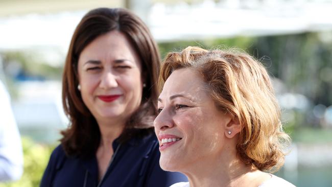 Annastacia Palaszczuk and Jackie Trad speak at Sea World last week. Picture: Nigel Hallett