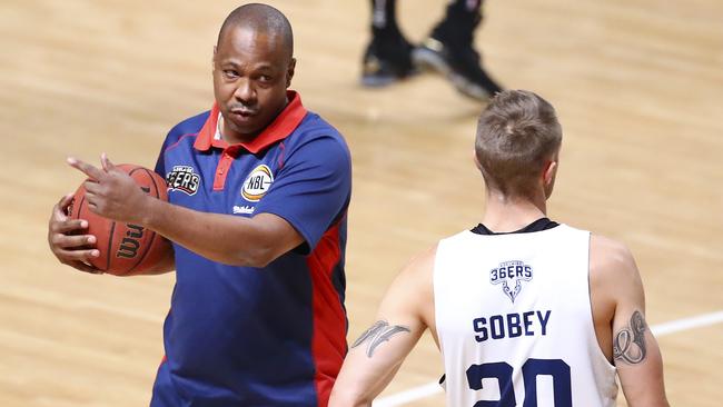 Coach Joey Wright talks to Adelaide 36ers gun Nathan Sobey during the club’s last home-court training run before the NBL grand final. Picture: Sarah Reed