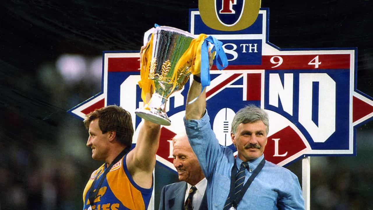 Mick Malthouse, right, and West Coast captain John Worsfold after the 1994 Grand Final win. Picture: John Feder