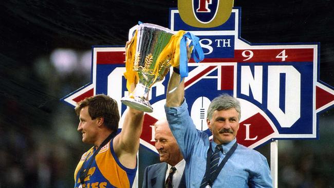 Mick Malthouse, right, and West Coast captain John Worsfold after the 1994 Grand Final win. Picture: John Feder