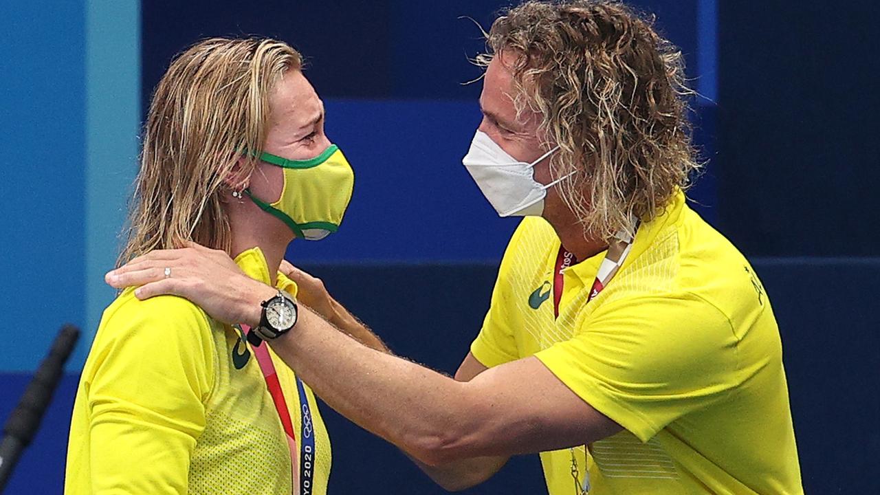 Ariarne Titmus of Team with her coach Dean Boxall after one of the wins. Picture: Getty Images