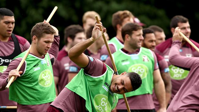 Brayden Wiliame warms up for the Manly Sea Eagles at a training session during his time with the club.