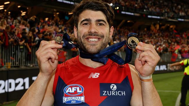 A premiership medallion and Norm Smith Medal — Does it get any better for Christian Petracca? Picture: AFL Photos/Getty Images