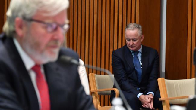 Hugh Marks, right, listens as Kevin Rudd delivers a submission during the public hearing into media diversity at Parliament House in Canberra last month. Picture: Getty Images