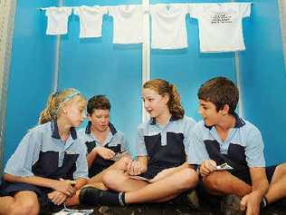 Cara Feain-Ryan (left),11, Harrison Leslie,11, Hannah Isaac,12 and Angus Cannon,11, of St Joseph’s School at Alstonville take part at the Caritas Millennium Development Goals and You Exhibition at Lismore Workers Club. . Picture: Jacklyn Wagner