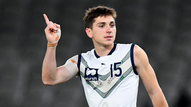 MELBOURNE, AUSTRALIA - JULY 14: Xavier Ivisic of Victoria Country celebrates kicking a goal during the 2024 Marsh AFL Championships U18 Boys match between Victoria Metro and Victoria Country at Marvel Stadium on July 14, 2024 in Melbourne, Australia. (Photo by Josh Chadwick/AFL Photos)