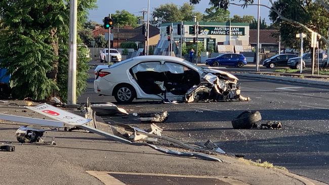 All that’s left of the white Corolla after Tuesday’s crash. Picture: Emma Brasier