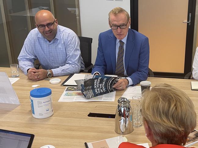 Former premier and foreign minister Bob Carr (right) met Canterbury-Bankstown Mayor Khal Asfour to discuss the proposed SBS site at Campsie.