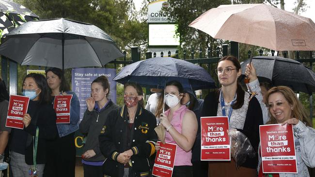 Teachers at Concord High walked pending the arrival of Education Minister Sarah Mitchell. Picture: John Appleyard