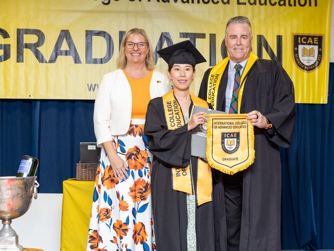 Minister Marie-Clare Boothby, Susi Susanti and Sean Mahoney Chief executive at the International College of Advanced Education Graduation, May 2025. Picture: Pema Tamang Pakhrin