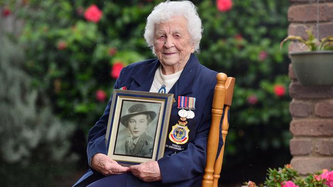 100-year-old veteran Phoebe Parker worked the signals in Albert Park during World War II. Picture: Nicki Connolly