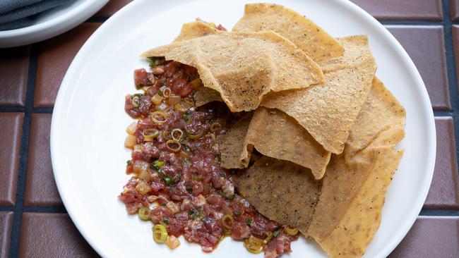 Beef Tartare with soy vinaigrette, cured yolk and fried bread. Picture: David Kelly