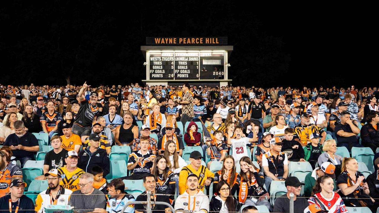 Thousands of football fans flock to Leichhardt Oval to watch the West Tigers play to Cronulla Sharks. Photo: Tom Parrish