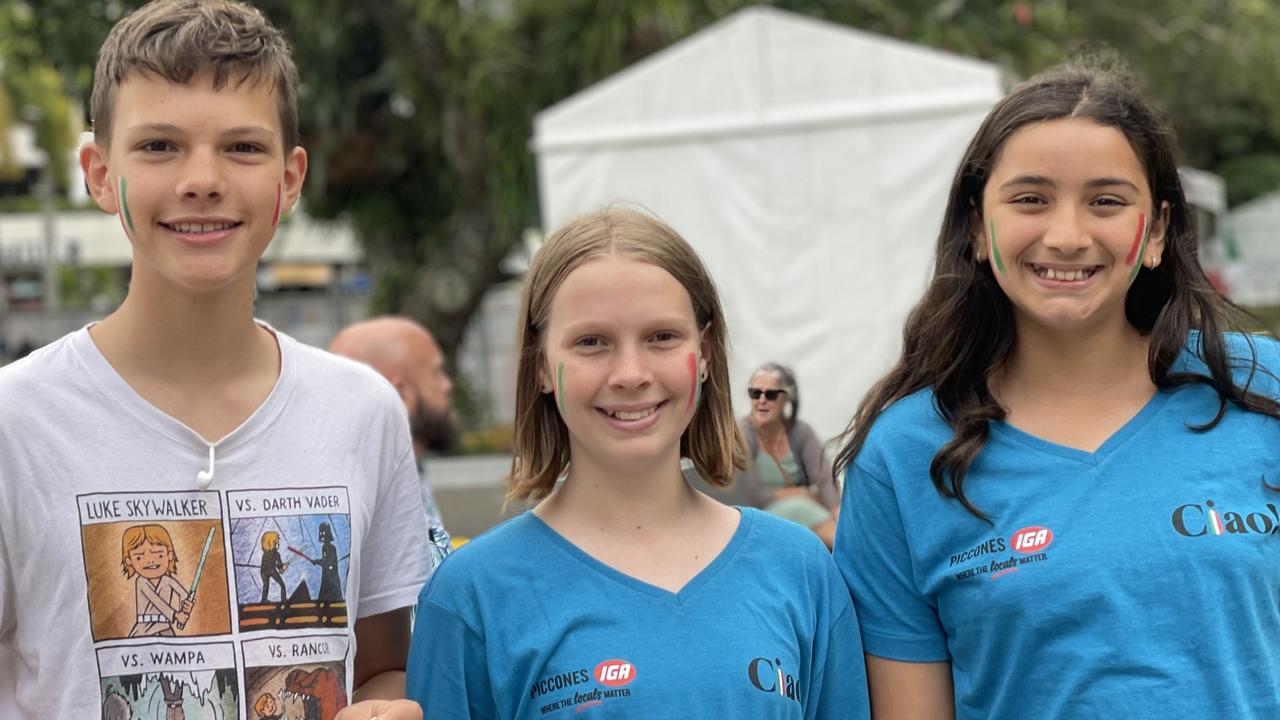 Cairns Italian Festival 2023: Oliver Magalhaes, Anika Magalhaes and Alizee Branellec. Picture: Bronwyn Farr