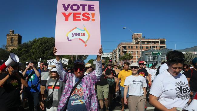 People march towards Victoria Park during a Walk For YES event in Sydney. Picture: Lisa Maree Williams/Getty Images