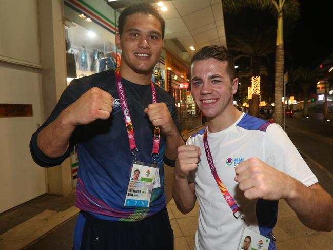 Athletes in surfers Paradise Sunday Night. . L-R Boxers Robbie McKechnie and Mitchell Barton. Picture Mike Batterham