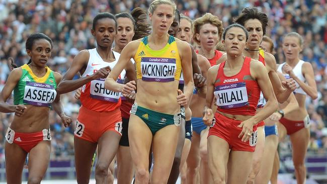 Australia's Kaila McKnight (centre) runs during the Women's 1500m heat at the Olympic Games in London, Monday, Aug. 6, 2012. Picture: Dave Hunt