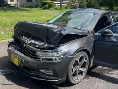 A highway patrol police car rammed during pursuit at Glendale earlier this year.