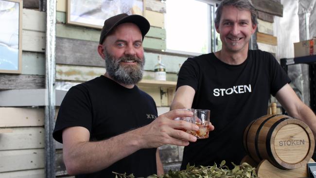 Stoken gin creators Brett Curtis and Dr John Meulet at their Cudgen Creek distillery which is open by appointment only. Picture: Jodie Callcott