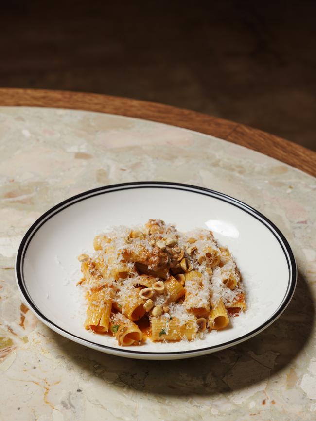 Rigatoni with duck ragu and hazelnuts at Oliveti restaurant, Glenelg South