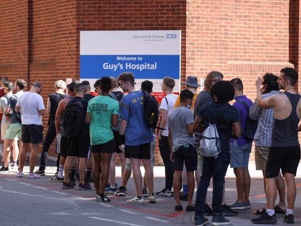 People line up to receive monkeypox vaccinations at Guys Hospital in London, England. Picture: Hollie Adams/Getty Images