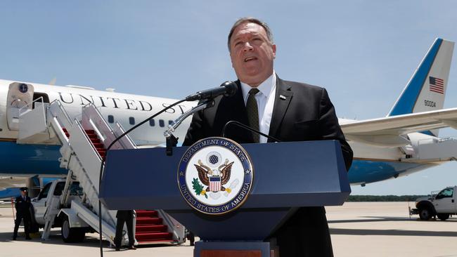 Mike Pompeo at Andrews Air Force Base before boarding a plane headed to Jeddah, Saudi Arabia. Picture: AFP