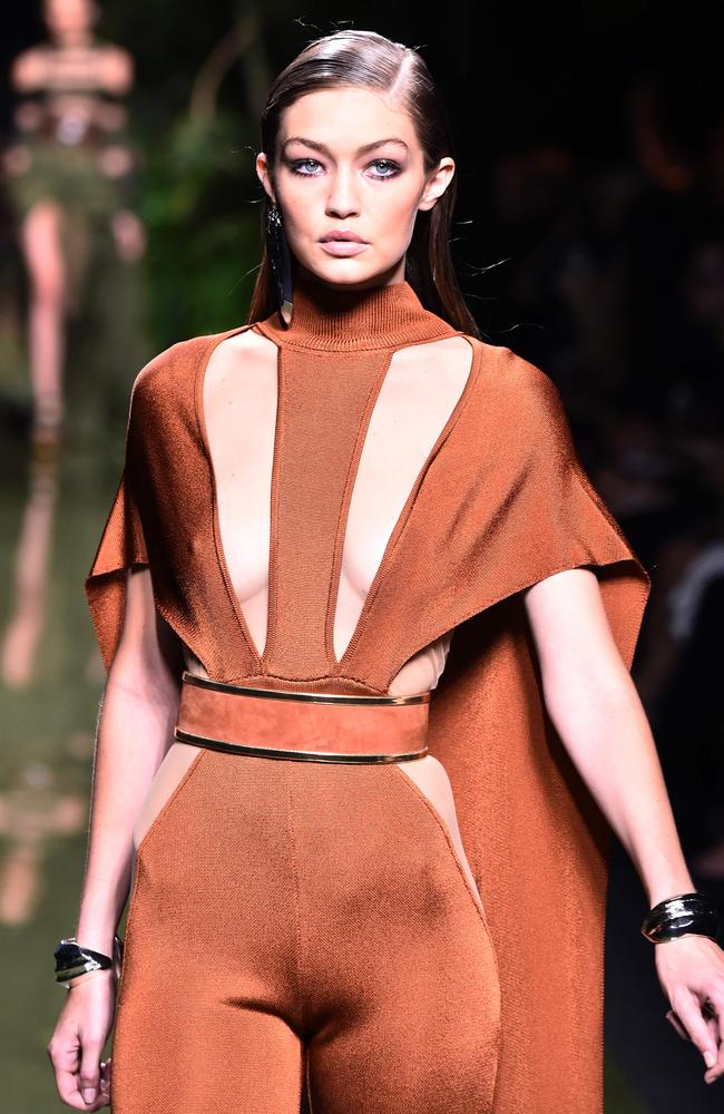 Gigi Hadid at the Balmain show as part of the Paris Fashion Week Womenswear Spring/Summer 2017 on September 29, 2016 in Paris, France. Picture: AFP