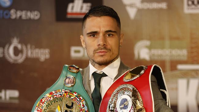 MELBOURNE, AUSTRALIA – JUNE 03: George Kambosos Jr. is seen with his championship belts during a George Kambosos Jr. &amp; Devin Haney at Richmond Rowing Club on June 03, 2022 in Melbourne, Australia. (Photo by Mike Owen/Getty Images)