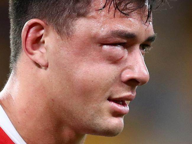 Latrell Mitchell was handed a season-ending suspension after fracturing Joey Manu’s face in a high tackle. Photo: Chris Hyde / Getty Images