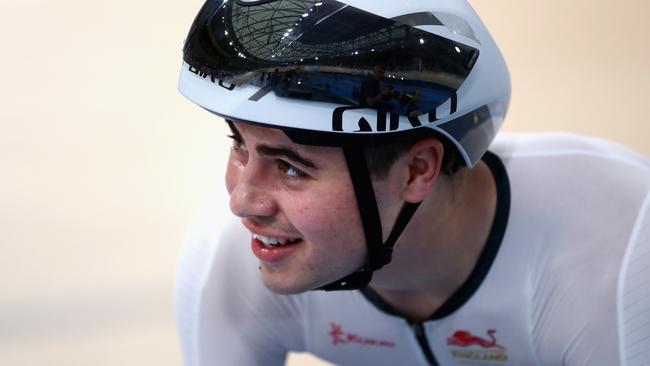 England’s Charlie Tanfield celebrates a Games record in the 4000m individual pursuit. Picture: Getty