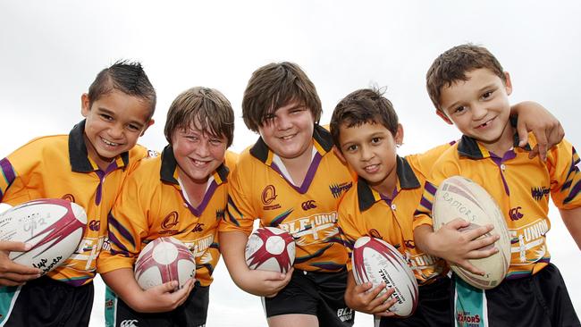 Robina Raptors Jnr League Club might be moving to the new Titans training grounds, pic l to r Blake Heke 8yrs, Brendon Roughead 12yrs, Brad Watson 12yrs, Jesse Heke 9yrs and Jaxon Heke 7yrs