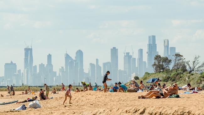 Brighton looking to Melbourne city skyline. Picture: Jason Edwards