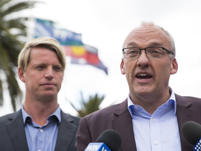 NSW Labour leader Luke Foley, addressing the media with Labor candidate Dan Hayes, says the result was an “electoral earthquake”. Picture: Dylan Robinson