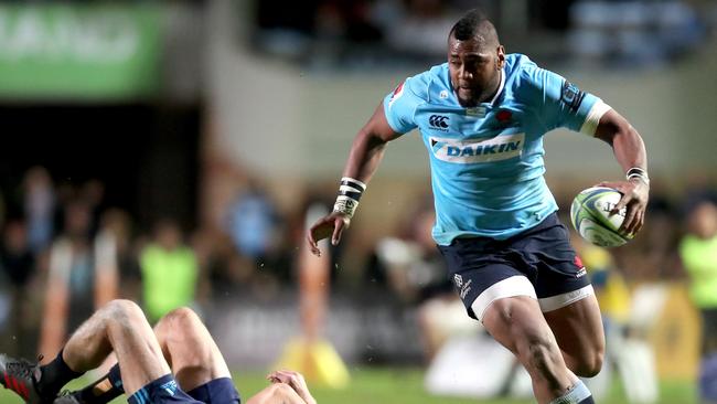 Queensland’s Izaia Perese will have his work cut out stopping massive Waratahs winger Taqele Naiyaravoro.