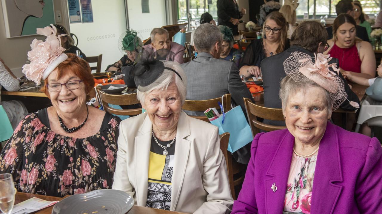 (from left) Helen Donnollan, Berenice Butcher and Val Bobart. The Chronicle Toowoomba Hospital Foundation Melbourne Cup at Urban Grounds Cafe raising funds for One Wish, One Cure for Type 1 Diabetes. Tuesday, November 1, 2022. Picture: Nev Madsen.