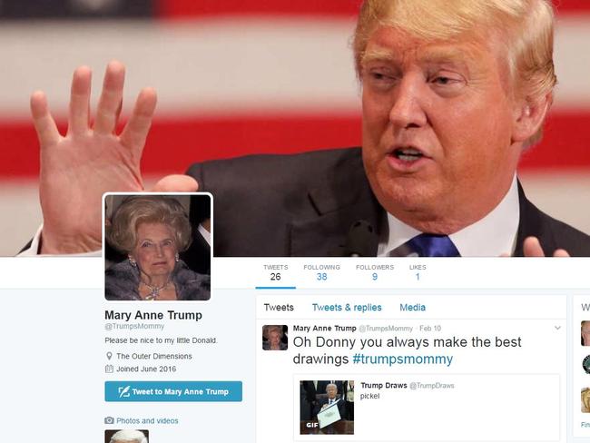 The fake Twitter page for Donald Trump’s mother Mary @Trumpsmummy. Picture: Twitter.