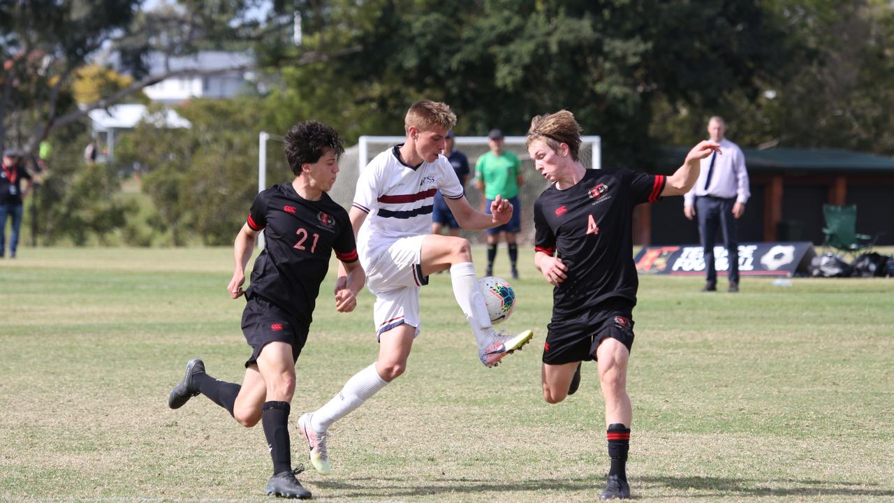 Fast action between The Southport School and St Joseph's Gregory Terrace during the 2020 GPS First XI football premiership final. Picture: TSS