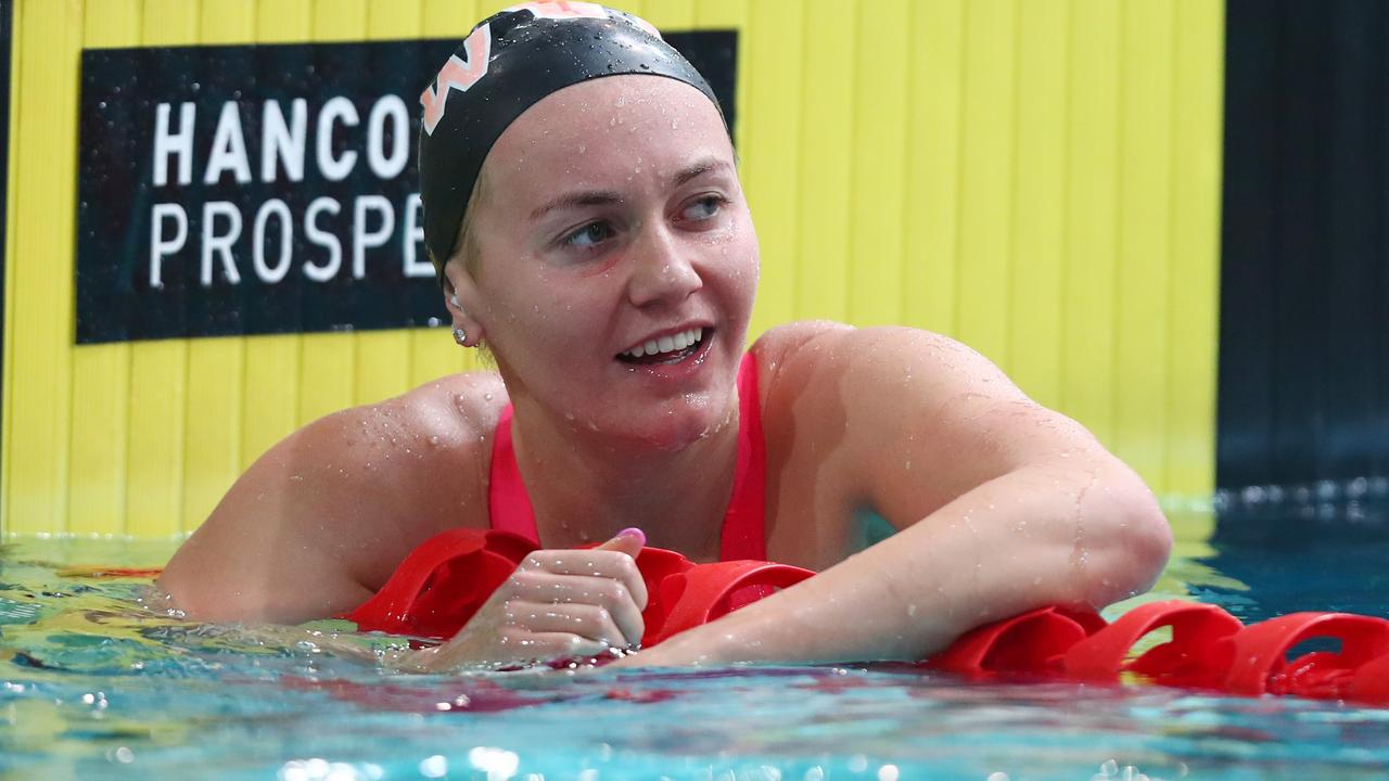 Ariarne Titmus celebrates after the Womens 400 LC Freestyle during the 2019 Australian World Championship Swimming Trials.